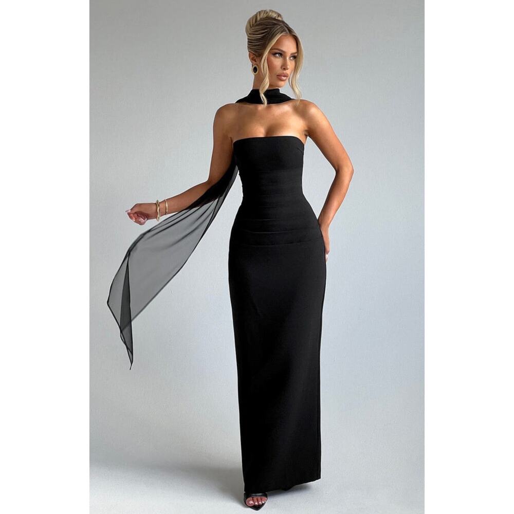 Baby Boo Yulia Maxi Strapless Ruched Pleated Dress Sz Small Black New Fitted